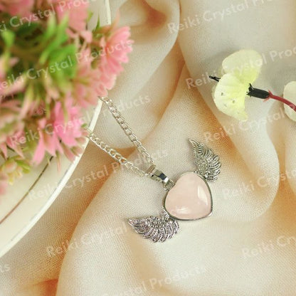 Natural Crystal Stone Angel Wings Heart Shape Pendant - Locket with Metal Chain