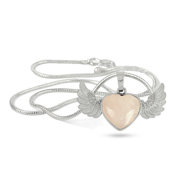 Natural Crystal Stone Angel Wings Heart Shape Pendant - Locket with Metal Chain