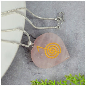 Natural Rose Quartz Reiki Cho Ku Rei Heart Shape Pendant with Metal Chain