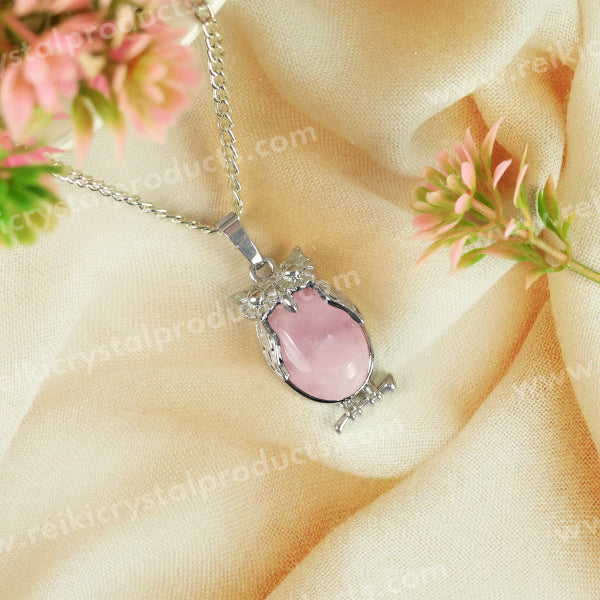 Natural Crystal Stone Owl Shape Pendant - Locket with Metal Chain