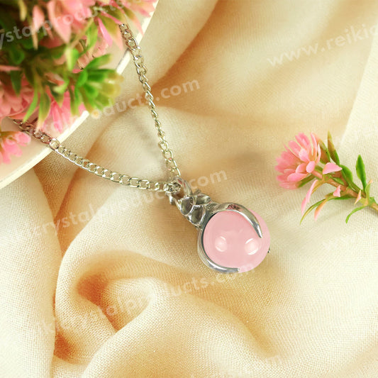 Natural Rose Quartz Crystal Stone Ball Shape Pendant - Locket with Metal Chain