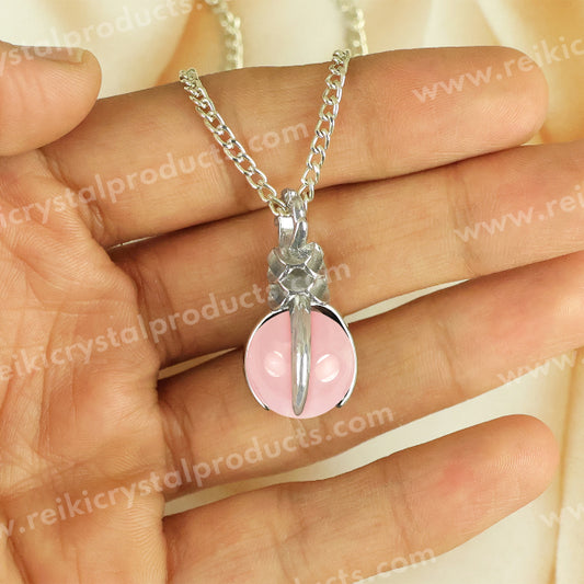 Natural Rose Quartz Crystal Stone Ball Shape Pendant - Locket with Metal Chain
