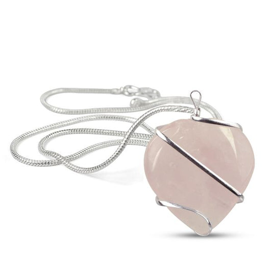 Natural Rose Quartz Heart Wire Wrapped Pendant with Metal Chain
