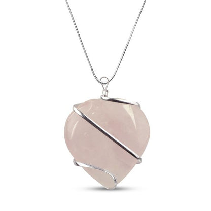 Natural Rose Quartz Heart Wire Wrapped Pendant with Metal Chain