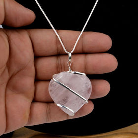 Natural Rose Quartz Heart Wire Wrapped Pendant with Metal Chain