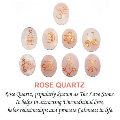 Natural Stone Oval Shape Karuna Reiki Symbol Engraved Set of 9 pcs