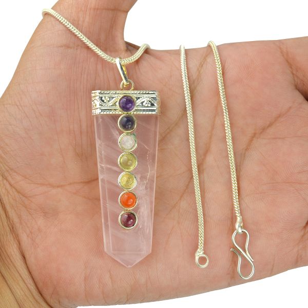 Natural Crystal Stone Flat Stick 7 Chakra Beads Pendant Size 45-50 mm with Metal Chain