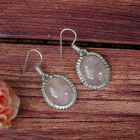 Soft Pink Rose Quartz Polished Crystal Oval Earrings Close View