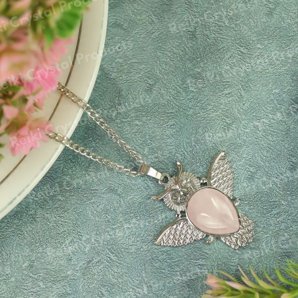 Natural Crystal Stone Owl Shape Design Pendant - Locket with Metal Chain