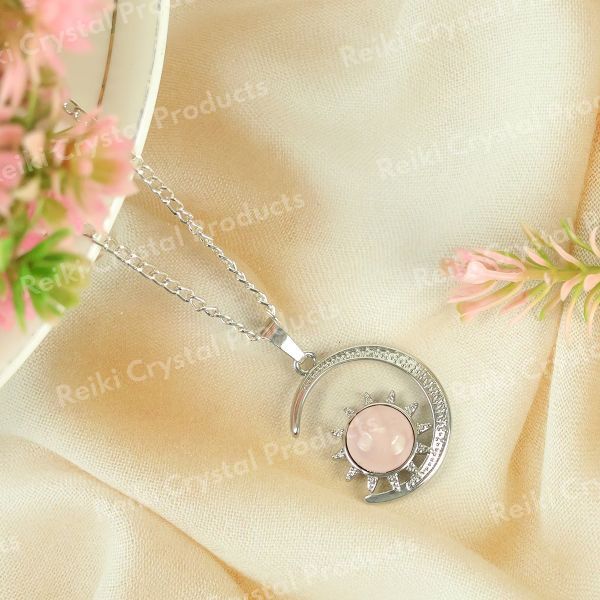 Natural Crystal Stone Sun And Moon Shape Pendant - Locket with Metal Chain