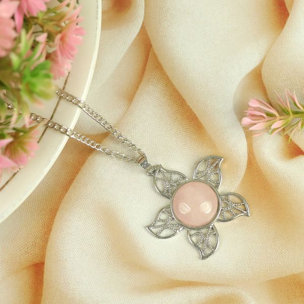 Natural Crystal Stone Flower Shape Pendant - Locket with Metal Chain