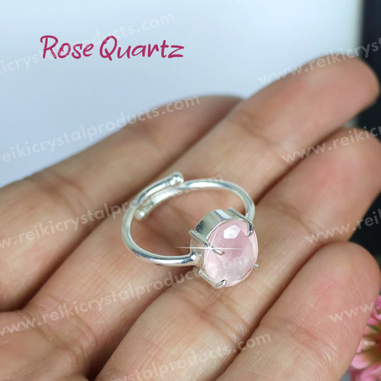 Natural Rose Quartz Crystal Gemstone Adjustable Ring
