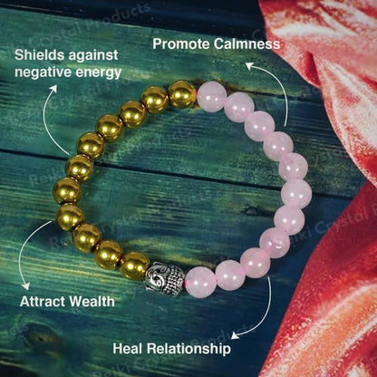 Money & Love Rose Quartz with Golden Hematite Budha 8 mm Round Beads Bracelet
