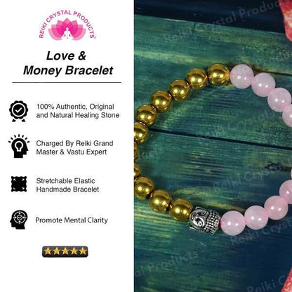 Money & Love Rose Quartz with Golden Hematite Budha 8 mm Round Beads Bracelet
