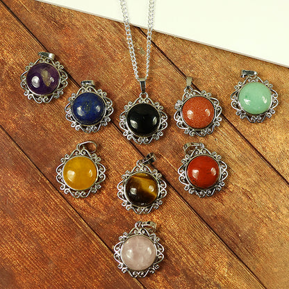 Natural Crystal Stone Round Designer Shape Pendant - Locket with Metal Chain