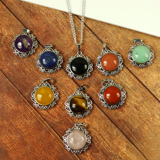 Natural Crystal Stone Round Designer Shape Pendant - Locket with Metal Chain