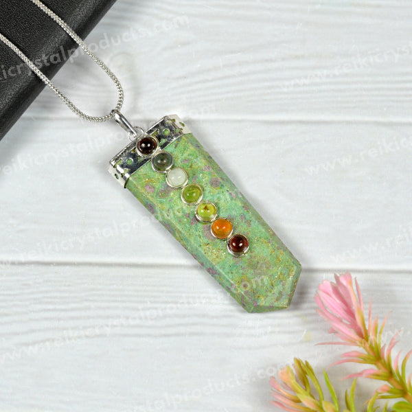 Natural Crystal Stone Flat Stick 7 Chakra Beads Pendant Size 45-50 mm with Metal Chain