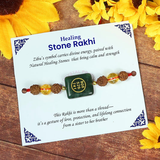 Natural Rudraksha Citrine Crystal Healing Stone Band with Green Aventurine Zibu Coin Adjustable Thread Band - Bracelet Perfect energized by Reiki Grand Master