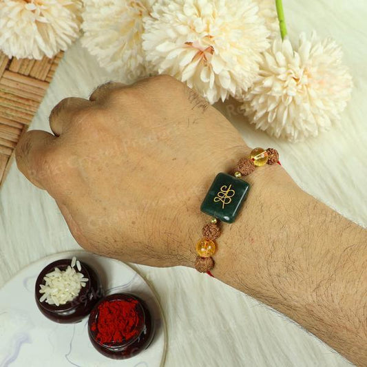 Natural Rudraksha Citrine Crystal Healing Stone Band with Green Aventurine Zibu Coin Adjustable Thread Band - Bracelet Perfect energized by Reiki Grand Master
