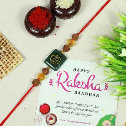 Natural Rudraksha Citrine Crystal Healing Stone Band with Green Aventurine Zibu Coin Adjustable Thread Band - Bracelet Perfect energized by Reiki Grand Master