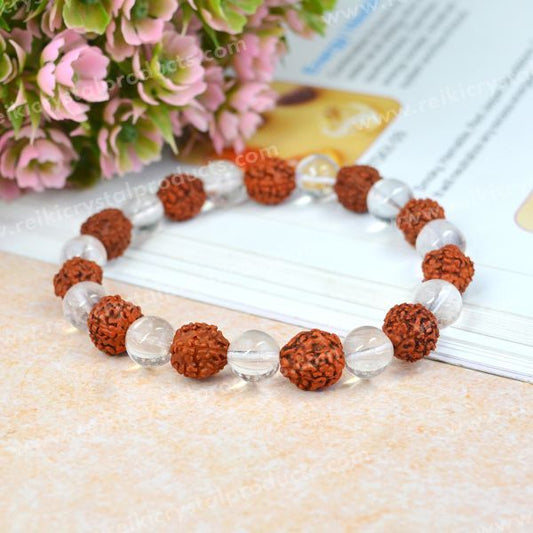 Natural Rudraksha with Clear Quartz (Sphatik) 8 mm Beads Bracelet