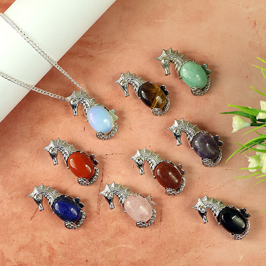 Natural Crystal Stone Seahorse Shape Pendant - Locket with Metal Chain