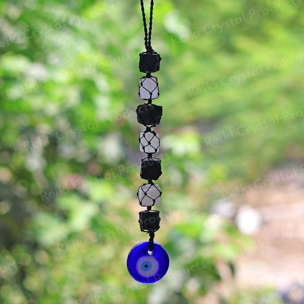 Black Tourmaline / Evil Eye With Selenite Mix Tumble Stone Car Hanging / Door Hanging Accessories