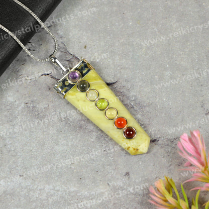 Natural Crystal Stone Flat Stick 7 Chakra Beads Pendant Size 45-50 mm with Metal Chain