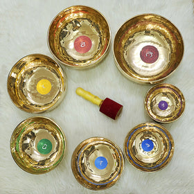 Pure Brass 7 Chakra Singing Bowl Set of 7 with Wooden Stick