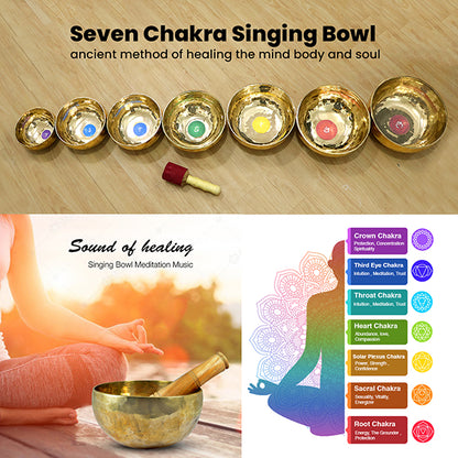 Handmade Pure Brass 7 Chakra Singing Bowl Meditation Tibetan Buddhist Prayer Instrument with Wooden Stick Singing Bowls Set of 7