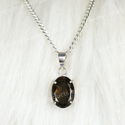 Certified Smoky Quartz Gemstone Pendant Natural Crystal Stone Cutting Oval Shape Pendant Locket with Metal Chain