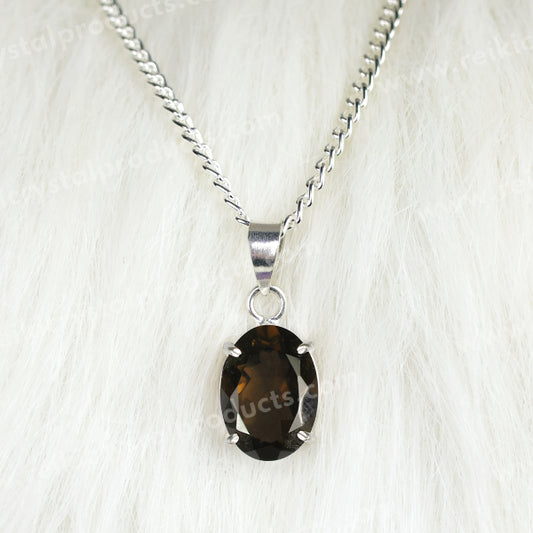 Certified Smoky Quartz Gemstone Pendant Natural Crystal Stone Cutting Oval Shape Pendant Locket with Metal Chain