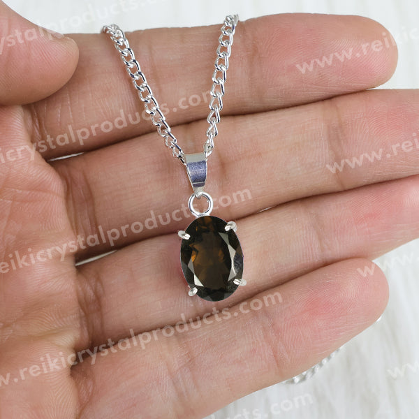 Certified Smoky Quartz Gemstone Pendant Natural Crystal Stone Cutting Oval Shape Pendant Locket with Metal Chain