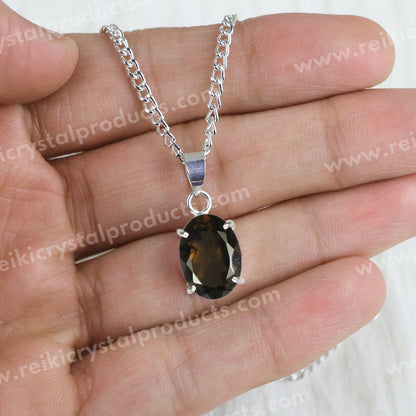 Certified Smoky Quartz Gemstone Pendant Natural Crystal Stone Cutting Oval Shape Pendant Locket with Metal Chain