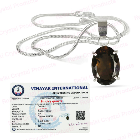 Certified Smoky Quartz Gemstone Pendant Natural Crystal Stone Cutting Oval Shape Pendant Locket with Metal Chain