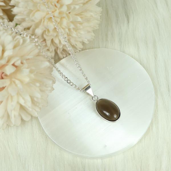 Natural Smoky Quartz Oval Shape Pendant Locket with Metal Chain for Unisex
