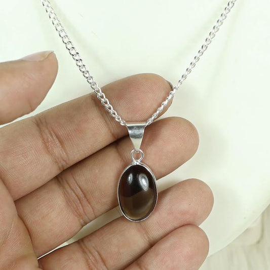 Natural Smoky Quartz Oval Shape Pendant Locket with Metal Chain for Unisex
