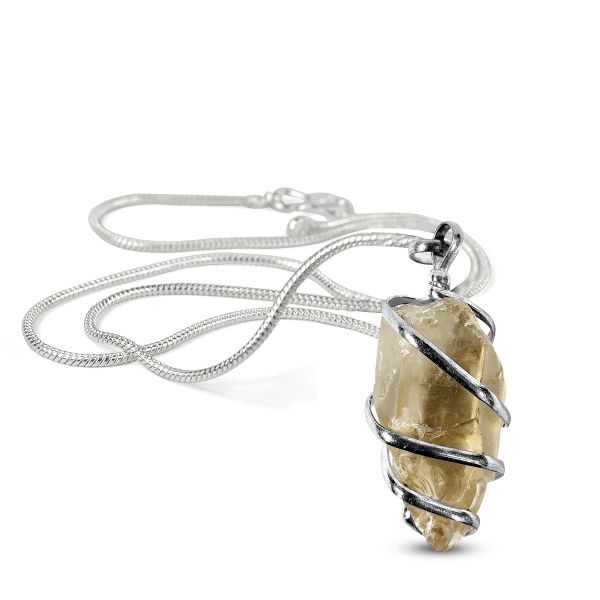 Natural Crystal Stone Wire Wrapped Pendant - Locket with Metal Chain