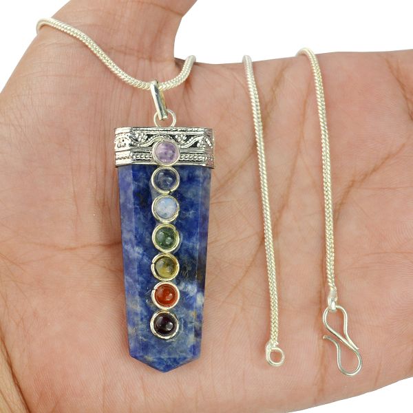 Natural Crystal Stone Flat Stick 7 Chakra Beads Pendant Size 45-50 mm with Metal Chain