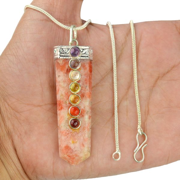 Natural Crystal Stone Flat Stick 7 Chakra Beads Pendant Size 45-50 mm with Metal Chain