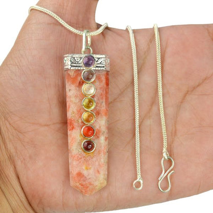 Natural Crystal Stone Flat Stick 7 Chakra Beads Pendant Size 45-50 mm with Metal Chain
