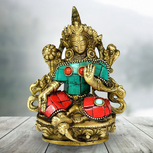 Antique Feng Shui Buddhism Goddess Mother Kwan Brass Statue with Stone Work
