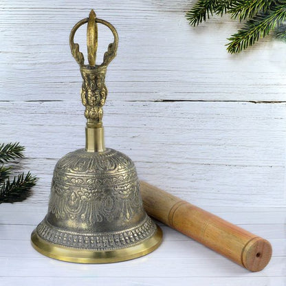 Spiritual Brass Tibetan Singing Buddhist Bell With Wooden Stick Size 20.3 cm (8 inch)