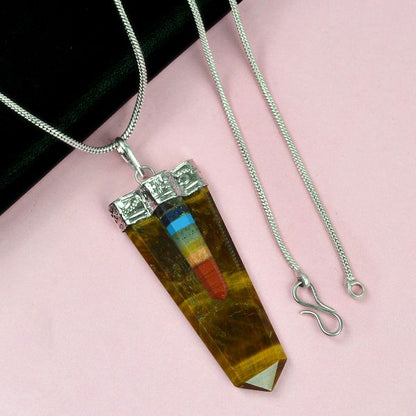 Natural Crystal Stone 7 Chakra Flat Stick Pendant Size 45-50 mm with Metal Chain