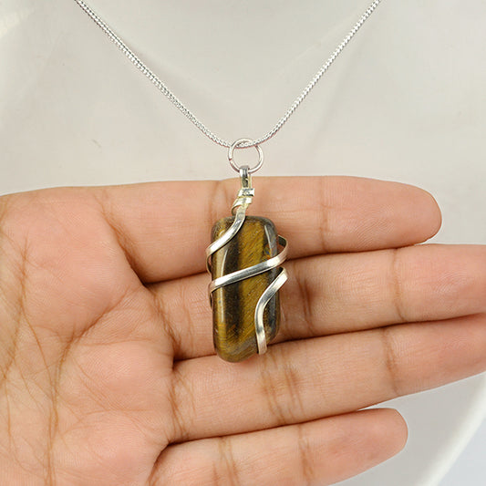 Natural Tiger Eye Tumble Pendant - Locket with Metal Chain