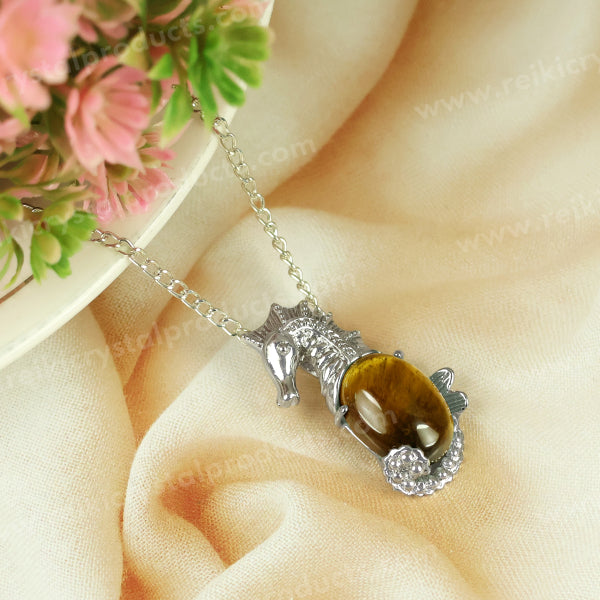 Natural Crystal Stone Seahorse Shape Pendant - Locket with Metal Chain