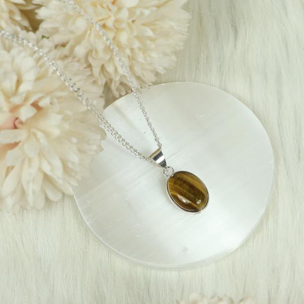 Natural Tiger Eye Oval Shape Pendant Locket with Metal Chain for Unisex