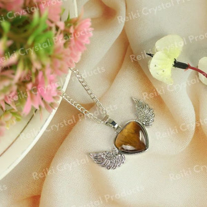 Natural Crystal Stone Angel Wings Heart Shape Pendant - Locket with Metal Chain