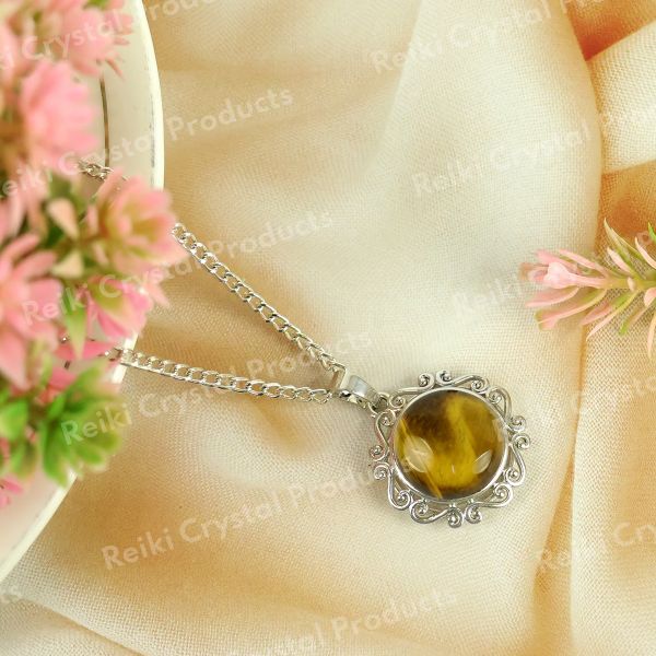 Natural Crystal Stone Round Designer Shape Pendant - Locket with Metal Chain