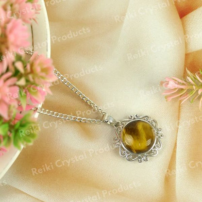Natural Crystal Stone Round Designer Shape Pendant - Locket with Metal Chain
